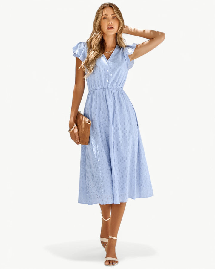 Sophie | Luftiges Midikleid mit V-Ausschnitt & Volantärmeln