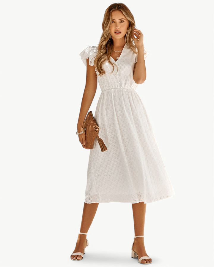 Sophie | Luftiges Midikleid mit V-Ausschnitt & Volantärmeln